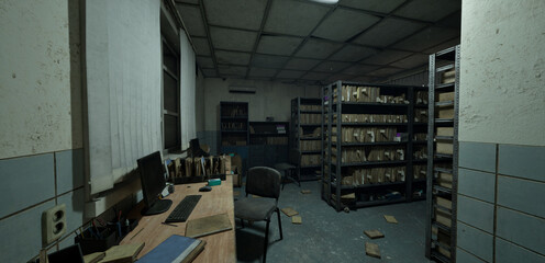 A 3D illustration of an abandoned hospital office, dimly lit with scattered papers, monitors, and shelving with files.