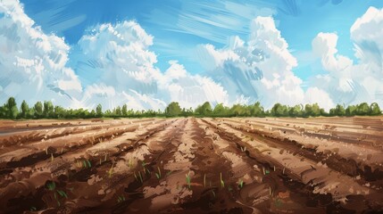 Plowed land dusted with dolomite flour, soil rich and prepared for cultivation, pre-grower stage, raw and textured illustration