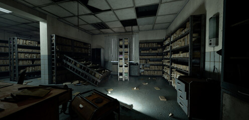 A 3D illustration of a desolate archive room in an abandoned hospital, with scattered papers and worn-out furniture under dim lighting. © Valeriy