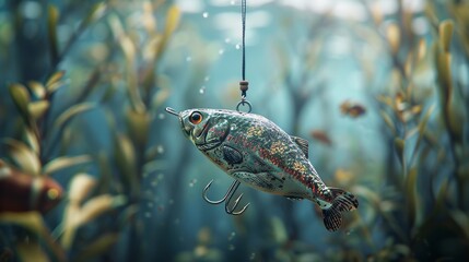 Obraz premium Realistic fake fishing bait on hook, detailed design, colorful, underwater scene, engaging visual focus