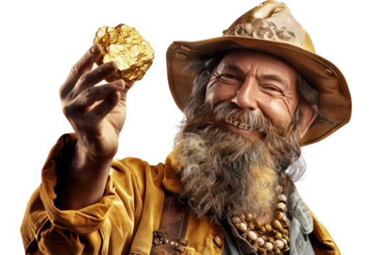 Cheerful gold prospector holding a large gold nugget, wearing a hat and a beaded necklace.