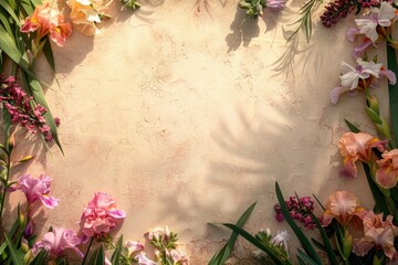 Beautiful Floral Frame with Assorted Spring Flowers and Sunlight Shadows - Ideal for Background, Poster, Card, or Design Use