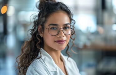 Fototapeta premium A young Hispanic woman in glasses and a lab coat smiles in a modern laboratory