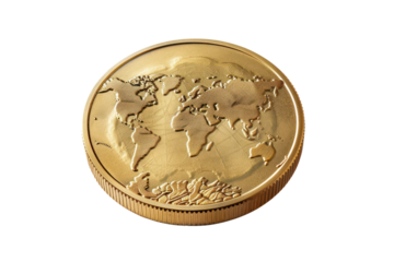 Close-up of a world map on a golden coin, showcasing global insignia and financial imagery on a white background.