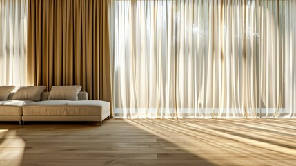 Modern Living Room with Sunlit Sheer Curtains and Sofa. Generative ai