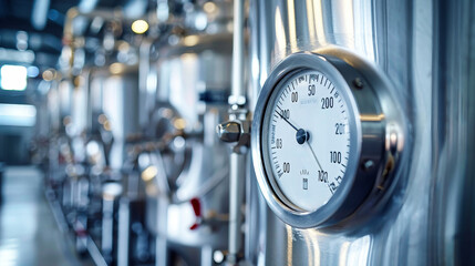 A close-up image of a temperature sensor gauge in a modern industrial facility. The sensor is mounted on a stainless steel tank, and the gauge face is clearly visible