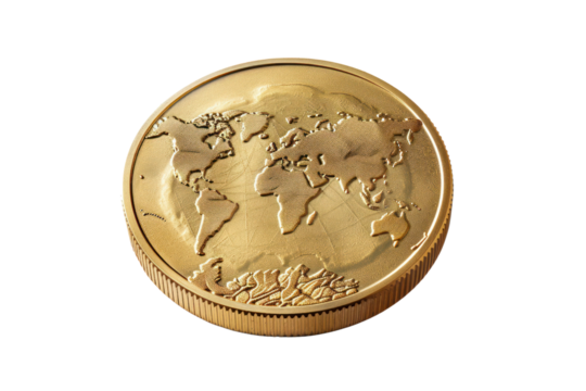 Close-up of a world map on a golden coin, showcasing global insignia and financial imagery on a white background.