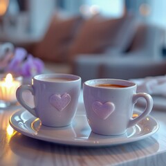 Fototapeta premium Romantic Coffee Mugs with Heart Decorations. Generative ai