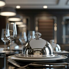 Luxurious Restaurant Table Setting with Silver Cloche. Generative ai