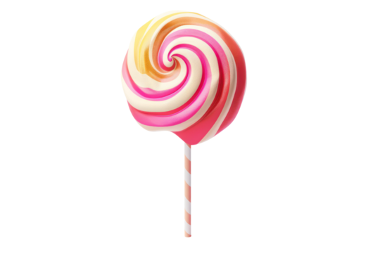 Colorful swirl lollipop with vibrant pink, yellow, and white stripes on a stick, isolated on a white background.