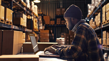 A warehouse worker diligently updates inventory records on his laptop in a bustling distribution center