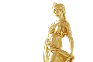 Elegant gold statue of a classical woman in flowing attire, isolated on a white background, capturing ancient beauty and artistic grace.