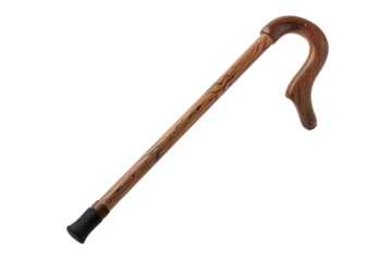 Elegant wooden walking cane with a curved handle, perfect for support and mobility assistance. High-quality craftsmanship evident.