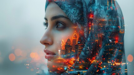 double exposure photography. arabic face in abaya shaped by buildings from Dubai,