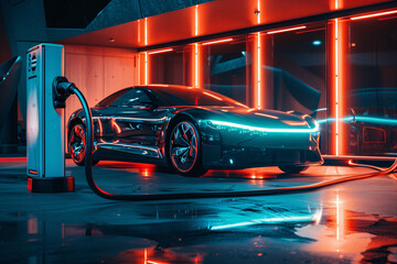 Naklejka premium Electric car charging at a station clean transportation