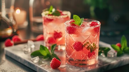 Refreshing summer cocktail with raspberry and mint on a elegant marble tray