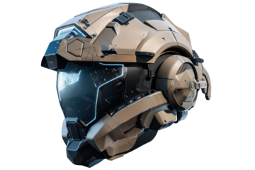 Highly detailed futuristic sci-fi helmet with advanced technology design, isolated on a white background, for gaming or digital art.