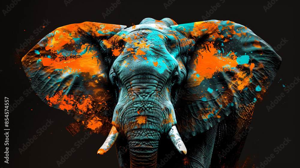 Wall mural abstract digital painting of an elephant on a black background, using orange and blue colors, in a d - Wall murals