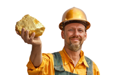 Miner holding a large gold nugget while wearing a hard hat and smiling. Isolated on white background.