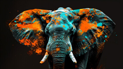Obraz premium abstract digital painting of an elephant on a black background, using orange and blue colors, in a dark art style, fantasy concept art depicted at a giant scale