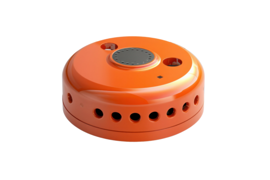 Modern orange sensor device with multiple holes, ideal for smart home automation and security systems. Isolated on a white background.