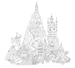 Fairy tale castle fortress. Hand drawn black and white architectural sketch for coloring book page