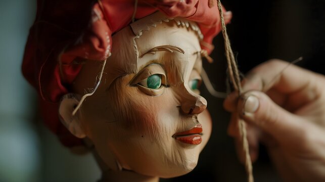Close-Up of Hand Stitching Mouth of Old Wooden Puppet Doll with Red Hat and Green Eyes, Craftsmanship Detail - Powered by Adobe