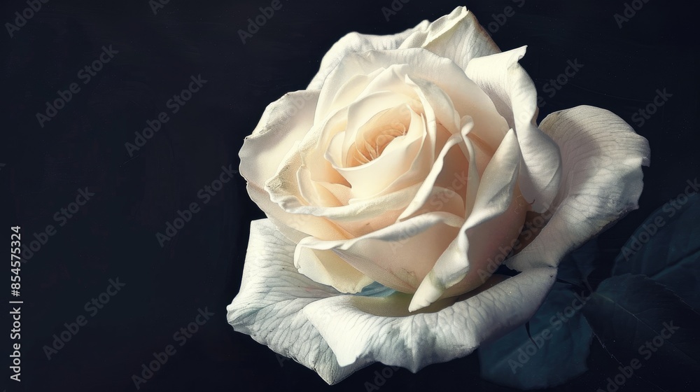 Poster colorful close up portrait of solitary white rose on black background in vintage painting style