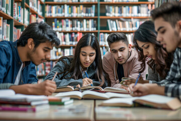 Group of students studying together in a library