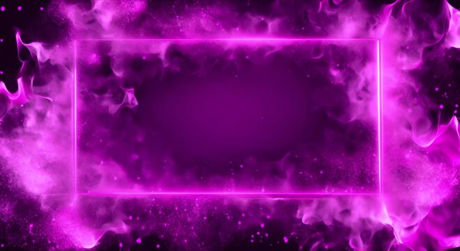 An empty photo frame in bright lilac neon color with flaming floating smoky clouds of fog on a black background.