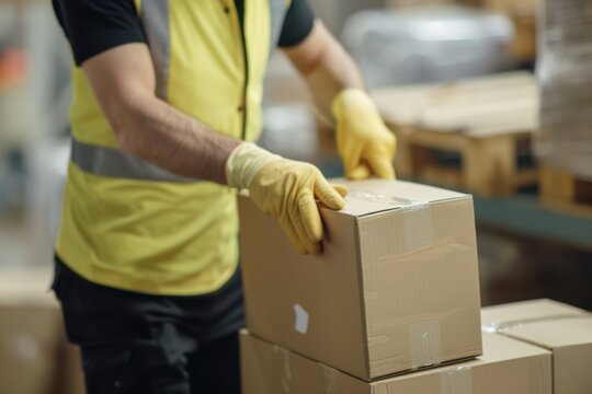 Close-up of a warehouse worker organizing and handling cardboard boxes while wearing protective gloves. Concept of safety, logistics, and efficient packaging.