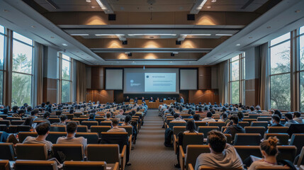Backview Perspective of Audience at Academic Conference Presentations