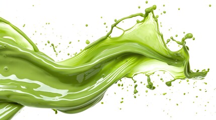 Flowing green matcha green tea on white background. Flowing liquid of green drink.