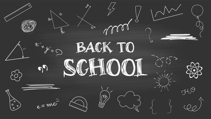 Educational back to school horizontal banner with doodle elements on blackboard