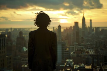 Naklejka premium A person silhouetted against a vibrant city skyline at sunset, symbolizing contemplation and future aspirations.