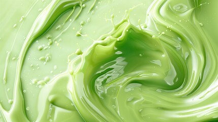 Flowing green matcha green tea on white background. Flowing liquid of green drink.