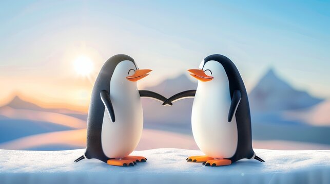 Two penguins holding hands on ice with a sunset in the background.