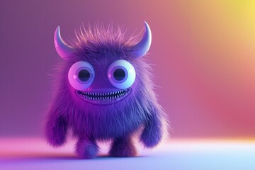 Fototapeta premium Adorable Purple Fluffy Monster with Big Eyes and Horns on Gradient Background. Ideal for Halloween and children's designs.