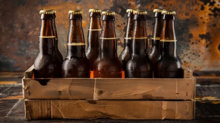 Six pack of beer in brown cardboard packaging, glass bottles, rustic and raw style, unbranded and authentic look
