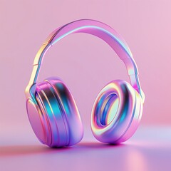 Iridescent Headphones on Pink Background. Ideal for music-themed designs and tech promotions.