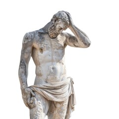 Greek statue holding sad sculpture art white background.