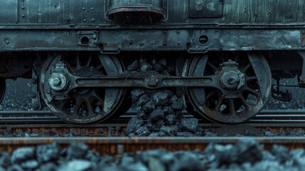 Naklejka premium Train wheels and tracks close-up, locomotive filled with coal, raw and powerful imagery, along the railroad line