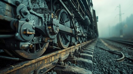 Naklejka premium Train wheels and tracks close-up, locomotive filled with coal, raw and powerful imagery, along the railroad line