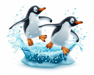 Naklejka premium Two happy penguins jumping and splashing in the water.