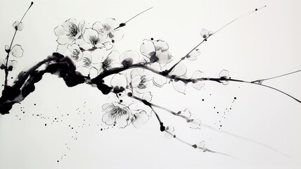 Oriental plum blossom watercolor landscape