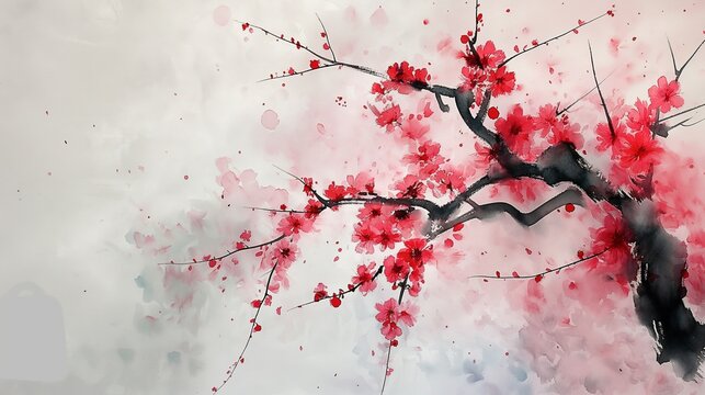 Oriental plum blossom watercolor landscape