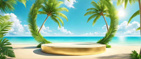 Naklejka premium Beach podium summer background sand product 3D sea display platform. Beach podium summer banner stand scene sale sky holiday vacation stage water island sun travel pedestal promotion presentation ad.