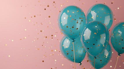 Turquoise Balloons with Gold Confetti on Pink Background. Ideal for birthday celebrations and party invitations.