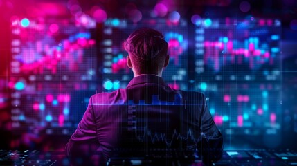 Businessman analyzing stock market data on multiple screens in a neon-lit setting, illustrating modern financial technology and trading.
