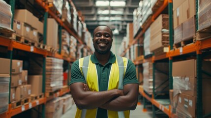 The warehouse worker smiling